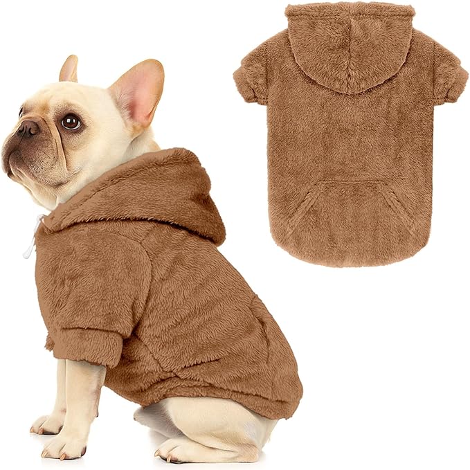 Dog Sweater,Dog Hoodies,Warm Fuzzy Fleece Sweatshirt with Hood & Pocket,Leash Hole,Cozy Cold Weather Pet Clothes Pet Sweater for Small,Medium,and Large Dogs(Coffee,L)
