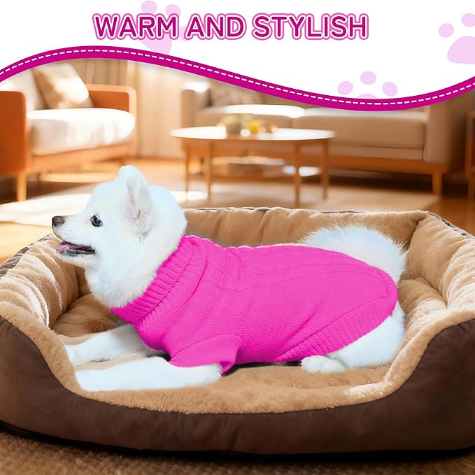 Knitted Dog Sweater for Mini/Small Dogs, Pullover Turtleneck Pet Sweaters, Winter Dog Clothes, Warm Soft Winter Holiday Cat Sweater, Rose Red, XXS