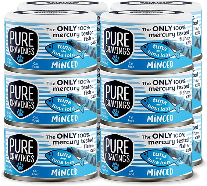Pure Cravings Minced Tuna and Tuna Loin Wet Canned Cat Food, 100% Mercury-Tested, Moist Can Fish for Cats, Grain-Free, Protein, Non-GMO, 3oz, Pack of 12