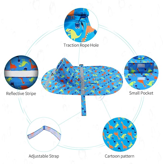 NACOCO Large Dog Raincoat Adjustable - Pet Dinosaurs Water Proof Clothes Lightweight Rain Jacket Poncho Hoodies with Strip Reflective Blue (XL, Blue Dinosaur)