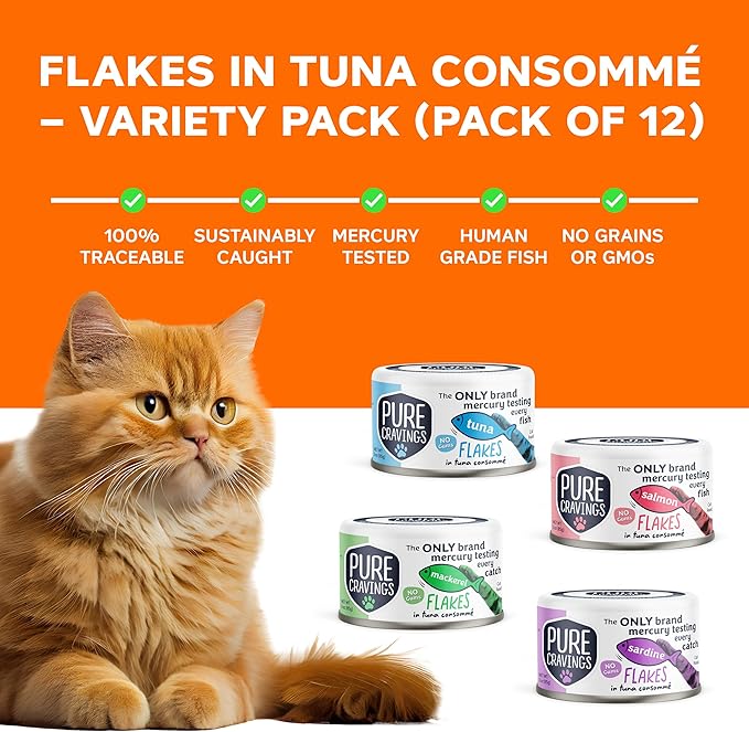 Pure Cravings Flakes in Tuna Consommé, Canned Wet Cat Food Soup, 100% Mercury-Tested, Moist Can Fish, Grain-Free Protein, Non-GMO, 3oz, Variety Pack 3X Tuna, 3X Salmon, 3X Sardine, 3X Mackerel