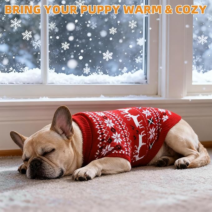KOOLTAIL Christmas Dog Sweater, Cold Weather Pullover Classic Knitwear, Reindeer Snowflake Pattern Thick Warm Winter Pet Clothes, Cable Knit Dog Sweaters for Small Medium Large Bulldog Boy Girl, Red L