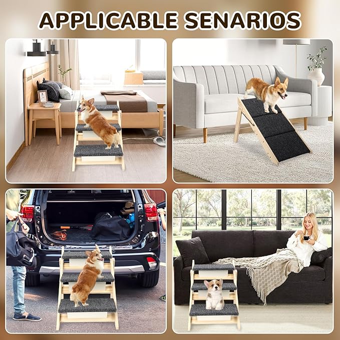 Foldable Dog Stair 2-in-1 with 3 Steps, New Zealand Pine Frame and Non-Slip Carpet Suitable for High Beds, Car,Couch, Durable Wooden Pet Stairs for Small Medium and Large Dogs, No Assembly Required