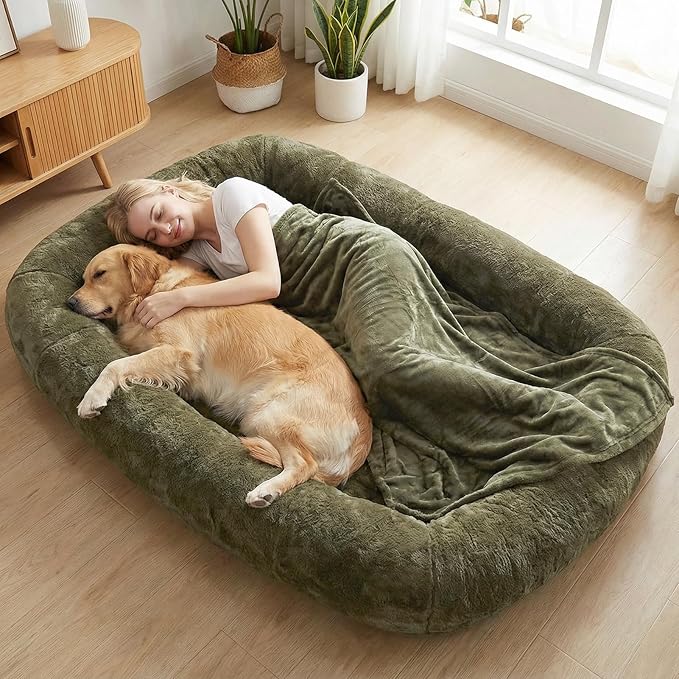ZOMEYLPO Human Dog Bed, 71 x 47 x 12 in Washable Extra Large Dog Bed for People, Giant DogBed with Storage Pockets, Green