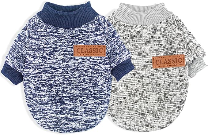 2 Pieces Dog Sweaters for Small Dogs Fall Dog Clothes Male Winter Fleece Dog Sweaters Warm Thick Pet Coat Outfit Small Dog Sweater for Boy Girl Dogs, Chihuahua, Pug, Bulldog, Pug, L, Grey Navy