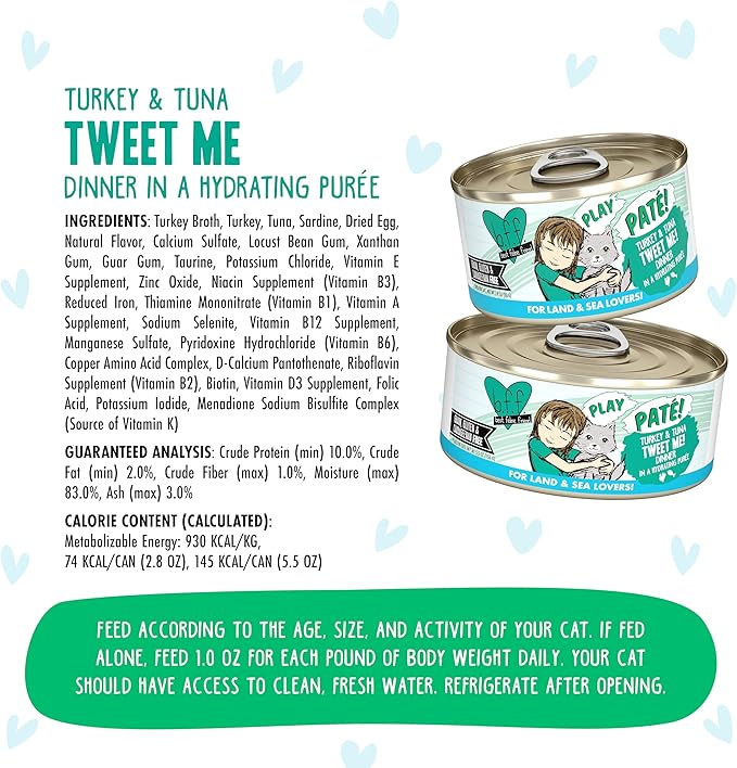 Weruva B.F.F. Play - Best Feline Friend Paté Lovers, Aw Yeah!, Turkey & Tuna Tweet Me! with Turkey & Tuna, 5.5oz Can (Pack of 8)