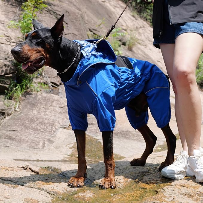 LOVELONGLONG Waterproof Dog Raincoat with Removable Hood – Outdoor Full Body Dog Jacket, Windproof Snowproof Shell Suit – All Season Pet Rain Gear Blue 4XL
