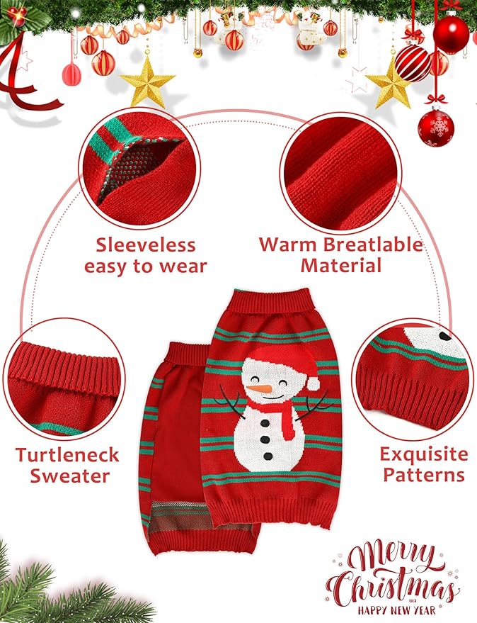 2PCS Dog Christmas Sweater, Soft Warm Pet Clothes Coat for Small Medium Large Dogs and Cats Boy Girl, Fall Cozy Holiday Turtleneck Knitting Collar Pullover Pup Outfit Costume for Thanksgiving New Year