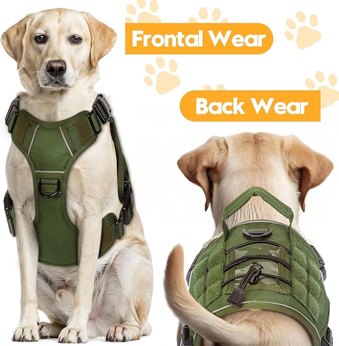 Heavy-Duty Tactical Dog Harness for Large Dogs, No Pull Adjustable Reflective Pet Vest with Molle System, K9 Military-Grade Control for Service Training, Outdoor & 10+ Breeds, Green, Medium