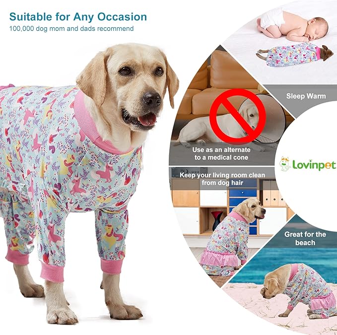 LovinPet Large Breed Dog Pajamas Onesie, Lightweight Stretchy Knit Dog Jammies, Unicorn Seafoam Print, Stop Shedding for Dogs, Pet Pajamas for Dogs, Pet PJ's, 2XL