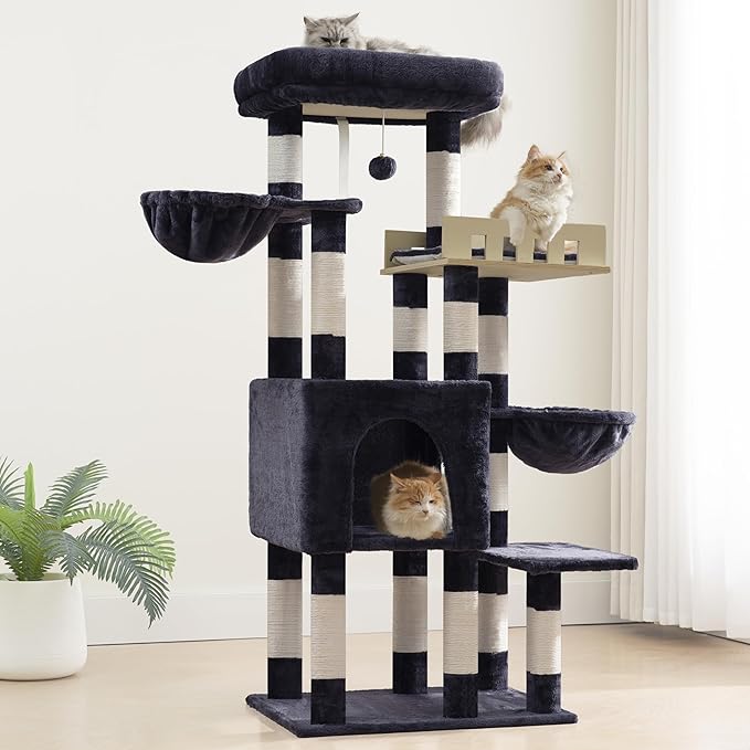 Gitelsnour Cat Tree for Indoor Cats Large Adult, Heavy Duty Cat Tree for Large Cats 20 lbs+, Cat Condo with Big Wooden Perch, Cat Tower with 14 Scratching Posts, Hammock, Smoky Gray GCT023G