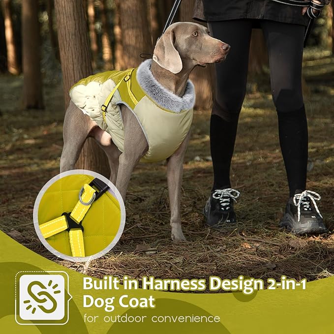 Dog Winter Coat with Harness, Dog Jacket, Pet Clothes with Zipper on Back, Waterproof Windproof Warm Vest, Reflective Cold Weather Coats, for Small Medium Large Dogs, Thick, Green, S
