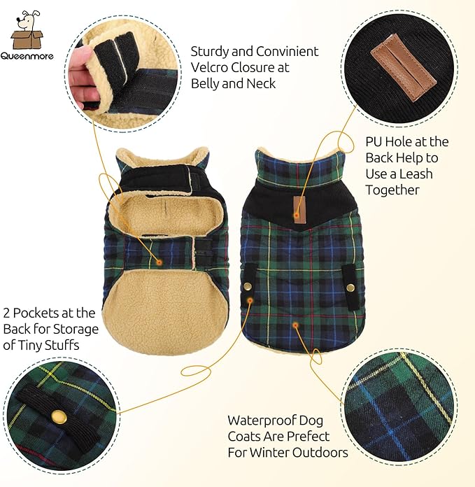 Queenmore Dog Winter Coat Warm Dog Jacket for Cold Weather, Quilting Puffer Plaid Coats for Small/Medium Dogs Waterproof,Girl/Boy Pet Christmas Coat,Pet Snowsuit with Leash Hole/Fleece Padding, M