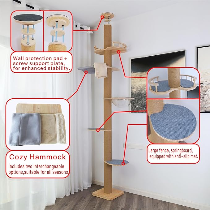 Floor to Ceiling Cat Tree Height (50-119.5in) Adjustable Cat Tower 5 Tier Hemp Scratching Post High Cat Tree Sturdy Activity Tree Indoor Outdoor Cat Scratching Post Activity Center