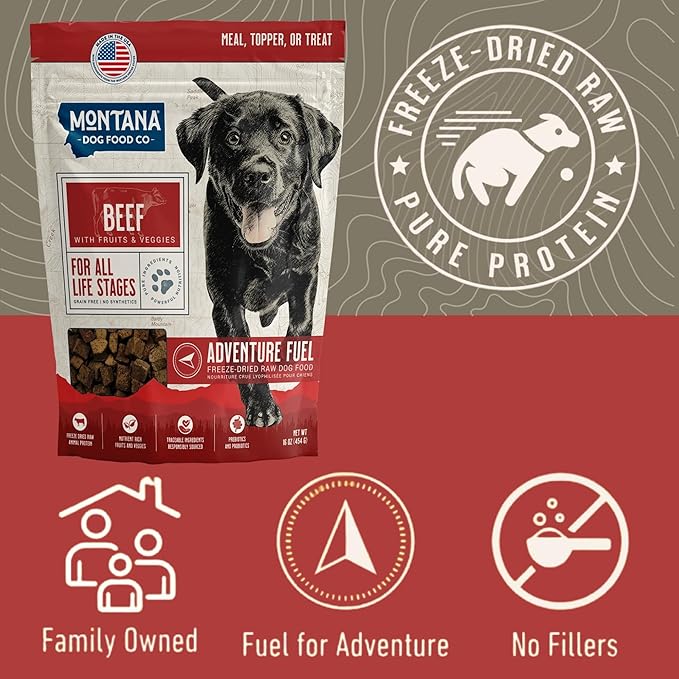 MONTANA DOG FOOD CO. Freeze-Dried Raw Beef Recipe Dog Food – Grain-Free, High-Protein Meal or Topper, Made in USA with USA Ingredients -16 oz Bag