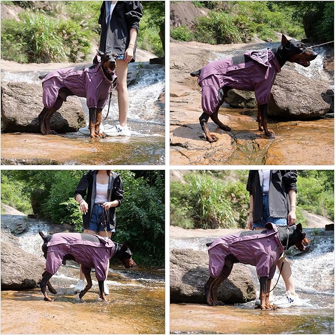 LOVELONGLONG Waterproof Dog Raincoat with Removable Hood – Outdoor Full Body Dog Jacket, Windproof Snowproof Shell Suit – All Season Pet Rain Gear Plum Purple XS