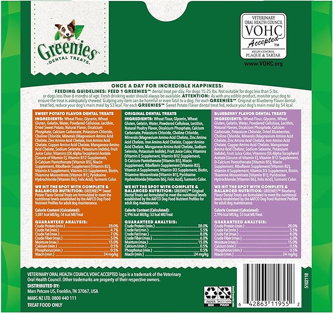 Greenies Veterinarian-Recommended Adult Natural Dental Dog Treats Petite Size, Original Flavor, Sweet Potato Flavor, and Blueberry Flavor, (3) 12 oz. Packs, 60 Count