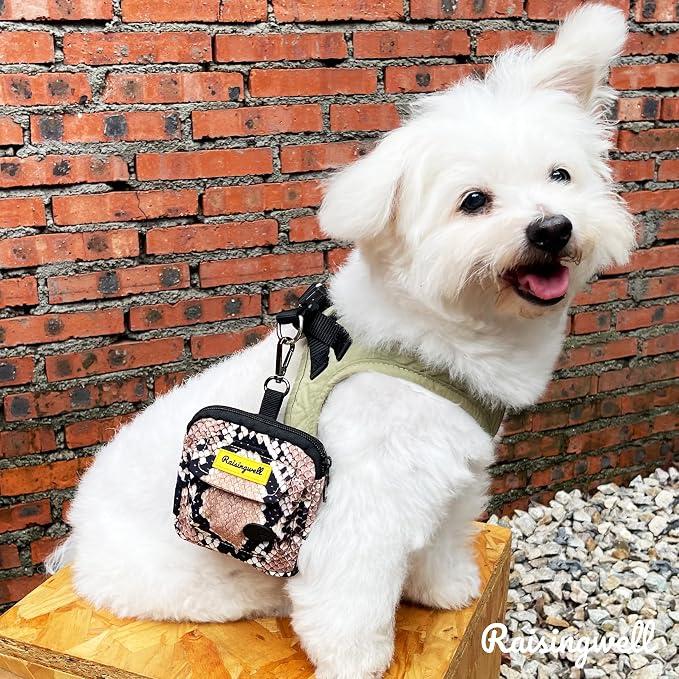 Dog Treat Pouch for Pet Walking and Training with Clicker Poop Bags and Double Bag Design Small Fanny Zipper Pack Holder for Puppy Snack Dispenser Kit for Leash and Outdoor Use Snake Skin