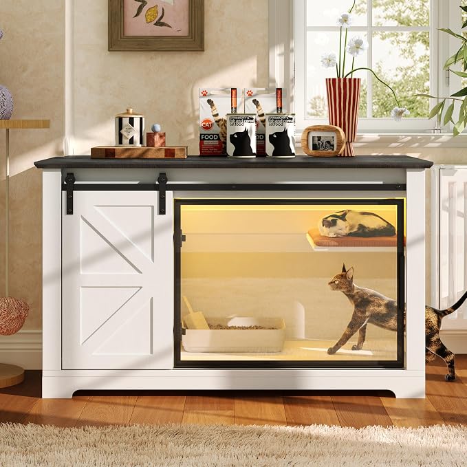 Cat Bed Cave Large Litter Box Enclosure with LED Light, Hidden Cat HOU,A2