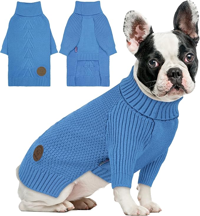 cyeollo Dog Sweaters for Medium Dogs Boy, Stretchy Warm Turtleneck Doggy Clothes for Fall Winter, Thermal Knit Pet Apparel with Sleeves, Blue XL