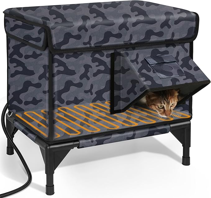 Indestructible Heated Cat House for Outside Winter, 100% Waterproof, Safe Escape Door, Insulated Outdoor Cat Shelter with Heater for Feral Barn Cat Kitty (Black Camouflage, 12"x16"x18")