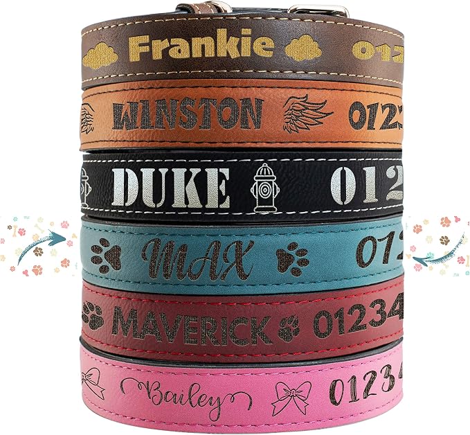 Personalized Leather Dog Collar | 3 Adjustable Sizes - 9 Icons with Your Pet's Name | Medium - Teal | - Safe&Secure Pet Collars with ID, Custom Text for Dogs and Puppy - Small Medium Large Puppies