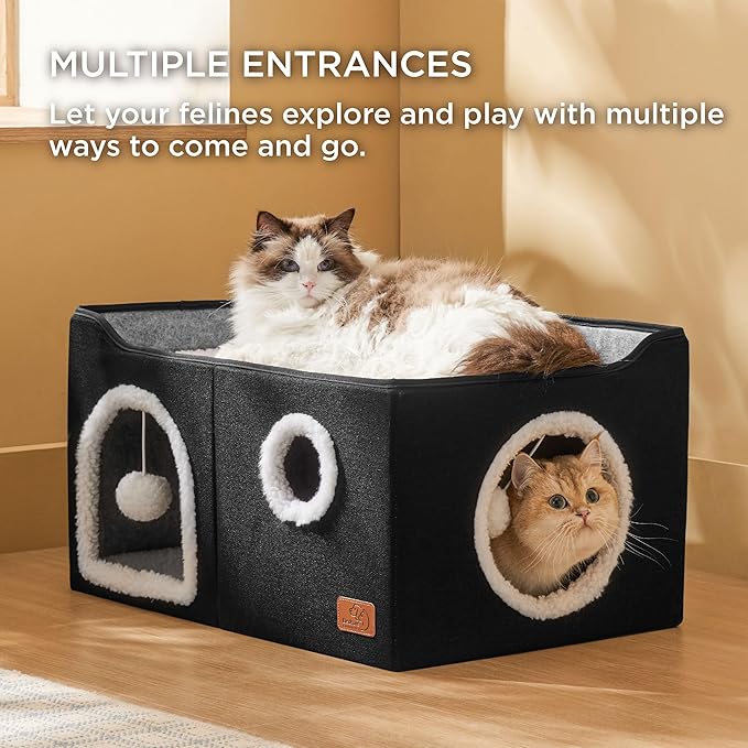 Bedsure Large Cat Beds for Indoor Cats - Extra Wide Cat Cube House for Small Pet with Fluffy Ball Hanging and Scratch Pad, Foldable Pet Cave Hideaway for Multiple Cats, 23.6x16.9x13 inches, Black