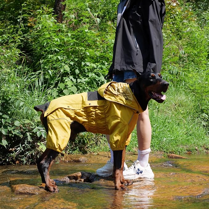 LOVELONGLONG Waterproof Dog Raincoat with Removable Hood – Outdoor Full Body Dog Jacket, Windproof Snowproof Shell Suit – All Season Pet Rain Gear Mustard Yellow XL