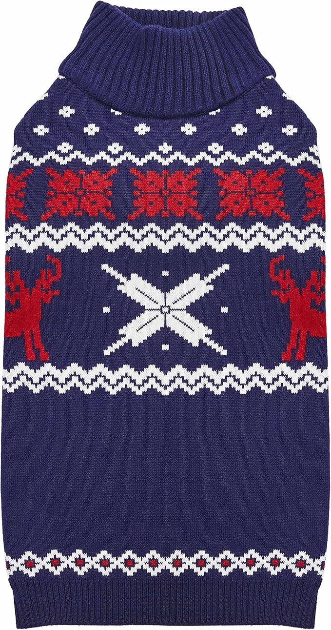 Blueberry Pet Christmas Reindeer and Snowflake Dog Sweater in Royal Blue, Back Length 12", Pack of 1 Clothes for Dogs