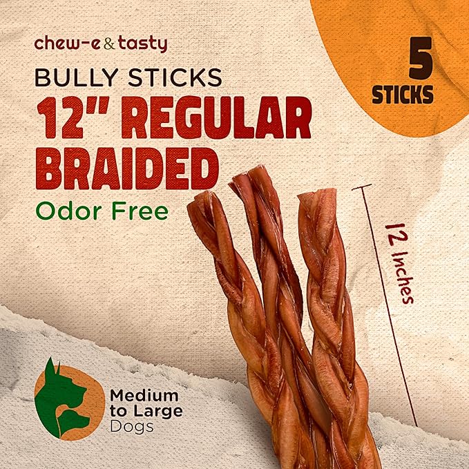 chew-e&tasty 12" Large Braided Odor Free Bully Sticks for Dogs (5 Sticks) - Long Lasting Beef Chews - Made of Digestible High Protein & Low Fats Dog Bully Sticks for Medium to Large Dogs
