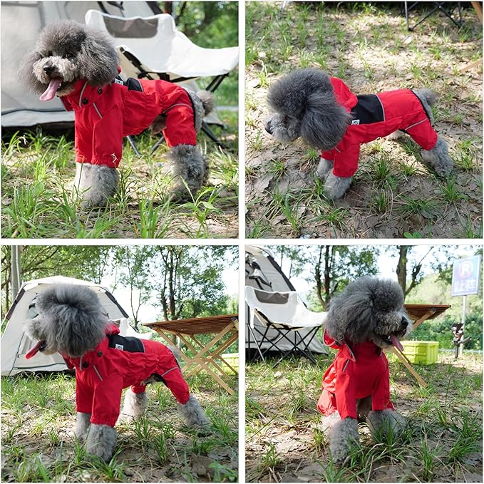 LOVELONGLONG Waterproof Dog Raincoat with Removable Hood – Outdoor Full Body Dog Jacket, Windproof Snowproof Shell Suit – All Season Pet Rain Gear Red M