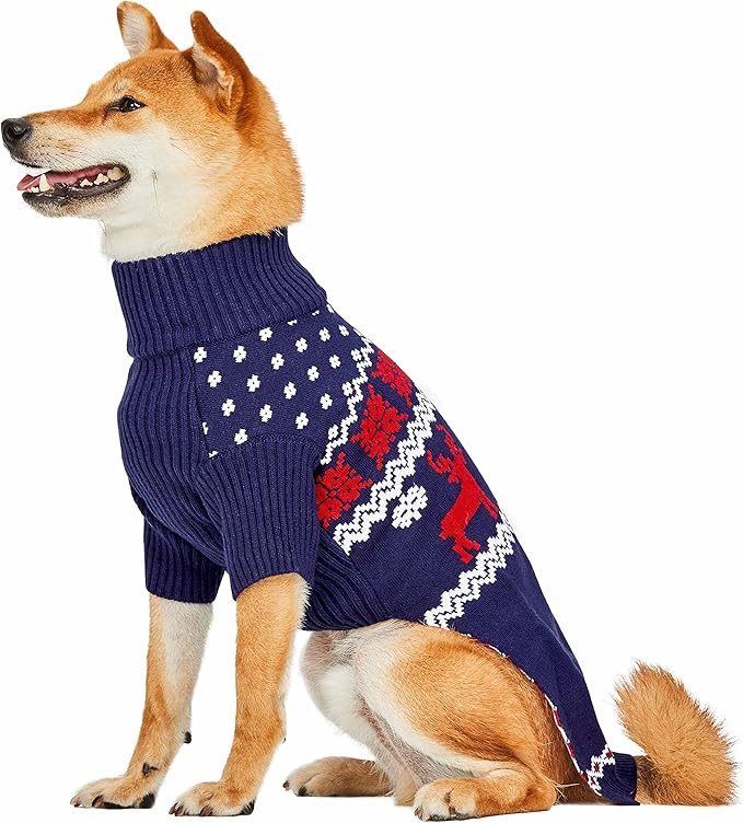 Blueberry Pet Christmas Reindeer and Snowflake Dog Sweater in Royal Blue, Back Length 18", Pack of 1 Clothes for Dogs