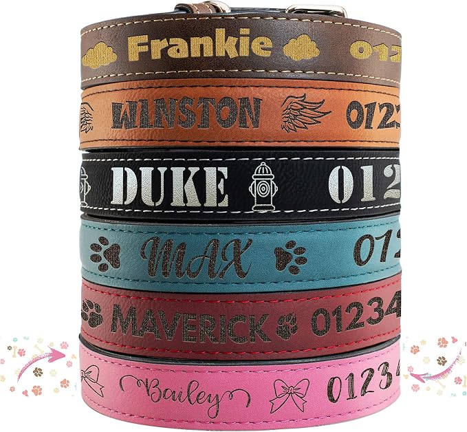 Personalized Leather Dog Collar | 3 Adjustable Sizes - 9 Icons with Your Pet's Name | Small - Pink | - Safe&Secure Pet Collars with ID, Custom Text for Dogs and Puppy - Small Medium Large Puppies