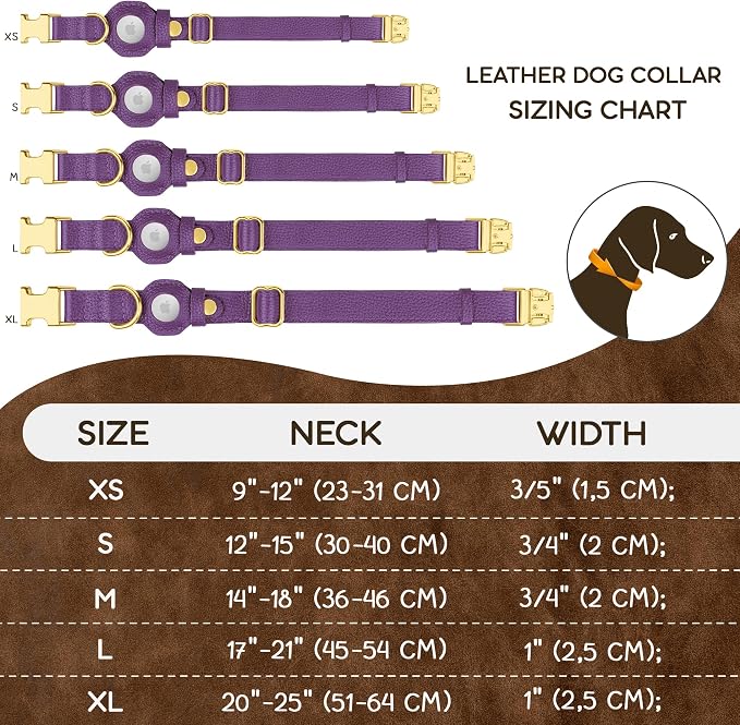 Leather Airtag Dog Collar - Soft Tracking Dog Collar with Apple AirTag Holder and Metal Buckle - Safety GPS Pet Collars for Small Medium Large Dogs Puppy Pink Red (Purple, L, 17"-21" Neck Fit)