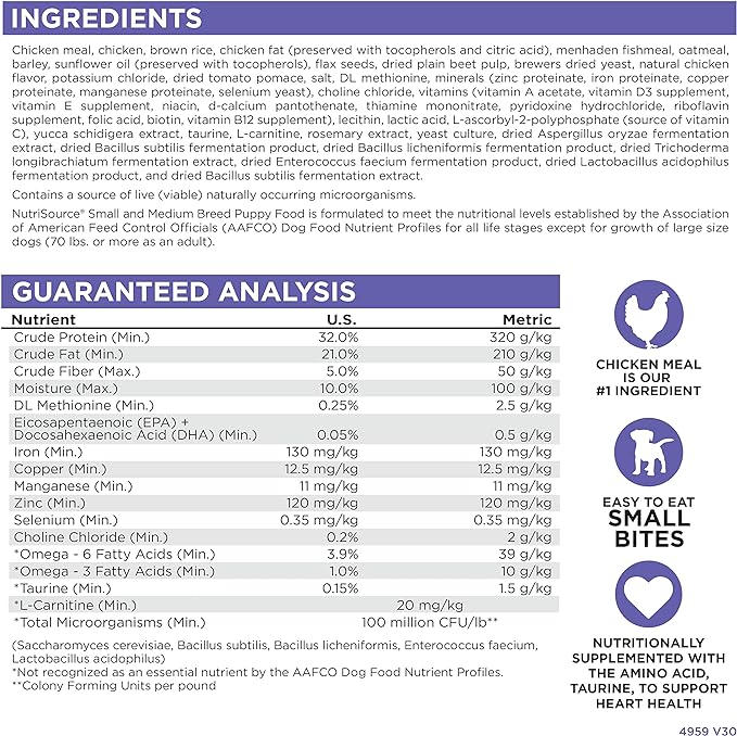 NutriSource Puppy Food, Made with Chicken Meal and Rice, Small Breed, with Wholesome Grains, 30LB, Dry Dog Food