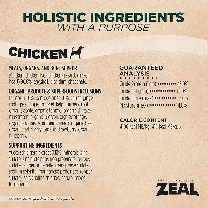 ZEAL Canada Air-Dried Chicken Recipe for Dogs - High Protein, Natural Superfoods, Nutrient Rich, No Fillers, Grain Free, Complete & Balanced (Chicken, 1 lb)