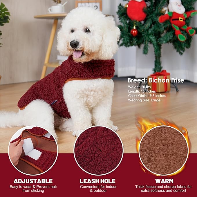 cyeollo Warm Dog Coat Fleece Sherpa Reversible Winter Sweater Coats, Turtleneck Cold Weather Dog Jacket Vest for Small Dogs with Leash Hole, Burgundy, S