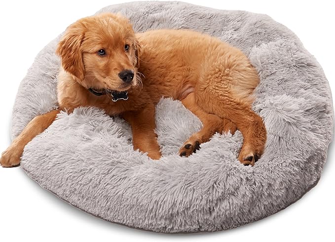 Active Pets Premium Small Donut Dog Bed, Fits Up to 45 lbs, Removable Cover & Washable Cushion, Plush Long Pile Faux Fur Fabric, Portable Light Grey Pet Bed Furniture for Puppies Adult Canines & Cats
