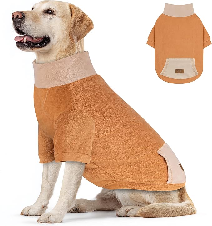 cyeollo Fleece Dog Sweaters for Large Dogs, Stretchy Soft Fleece Sweatshirt for Dogs Boy Girl Turtleneck Warm Winter Big Dog Pullover Clothes with Sleeves, Khaki XXXL