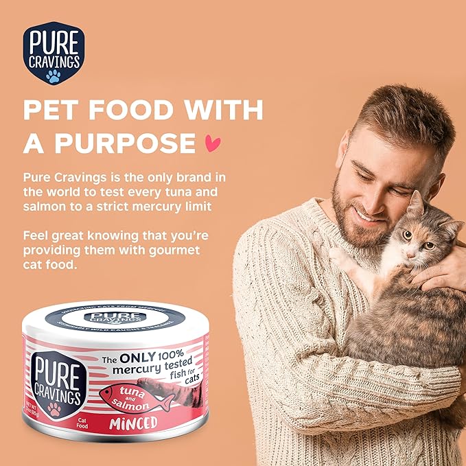 Pure Cravings Minced Tuna and Salmon Wet Canned Cat Food, 100% Mercury-Tested, Moist Can Fish for Cats, Grain-Free, Protein, Non-GMO, 3oz, Pack of 12