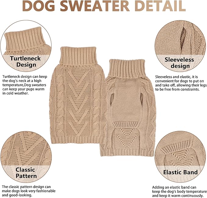 Dog Sweaters for Small Dogs Warm Dog Clothes Winter Chihuahua Clothes Girl Boy Puppy Sweater Knitted Doggy Coat Soft Mini Dachshund Sweater with Turtleneck Pullover Design (Khaki, Large)