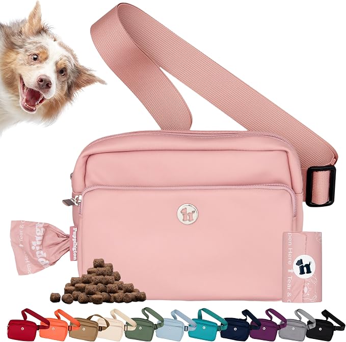 Puppington 3-in-1 Crossbody Dog Walking Bag & Treat Pouch with Matching Planet Safe Poop Bags & Built-In Dispenser - Zippered Pockets (Blush Pink)