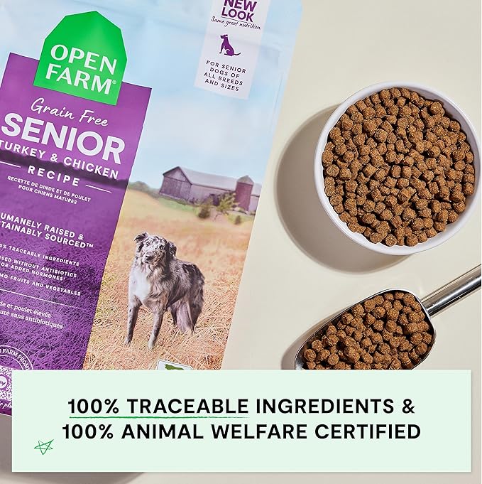 Open Farm, Grain-Free Dry Dog Food for Senior Dogs, Complete & Balanced Kibble to Support Joints & Mobility, Sustainably & Ethically Sourced Ingredients, Chicken & Turkey Recipe for Seniors, 4lb Bag