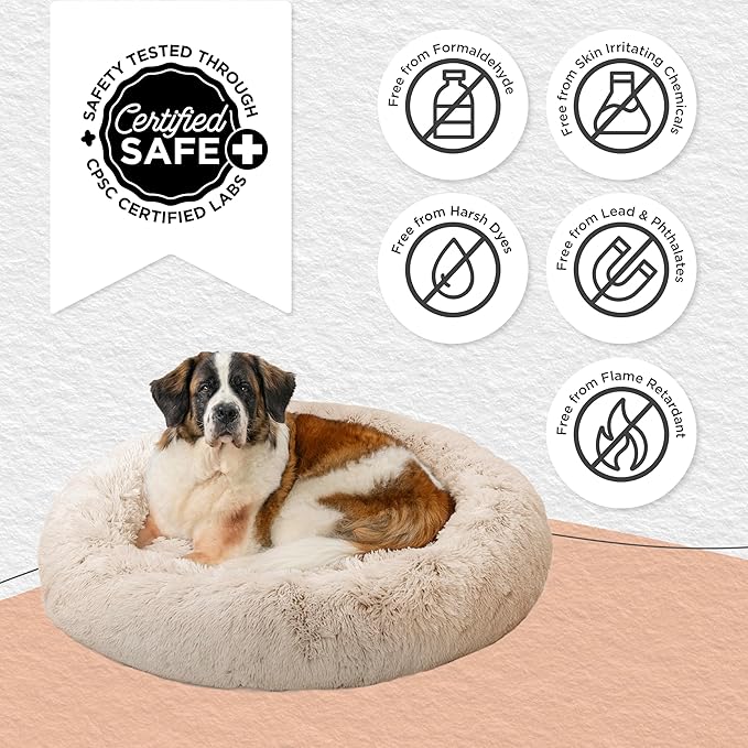 Best Friends by Sheri The Original Calming Donut Dog Bed – Washable Plush Pet Bed for XL Breeds up to 150 lbs, Shag Faux Fur, Taupe, XL (45" x 45")
