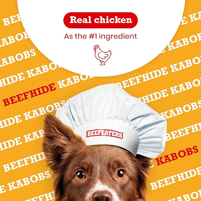 Beefeaters Beefhide Kabobs – Dog Treat. Triple Flavor with Real Chicken, Liver & Sweet Potato, Long-Lasting Chew, Supports Dental Health, Ideal for Training