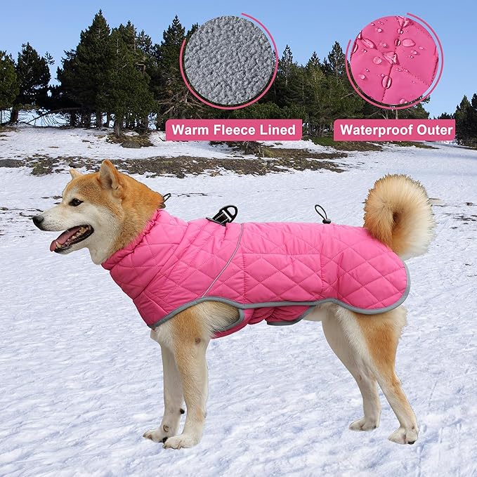Dog Winter Coat with Harness, Reflective Windproof&Waterproof Fleece Jacket for Cold Weather, Dog Pullover Jumpsuit Snowsuit for Small Medium Large Dogs, Pink 2XL