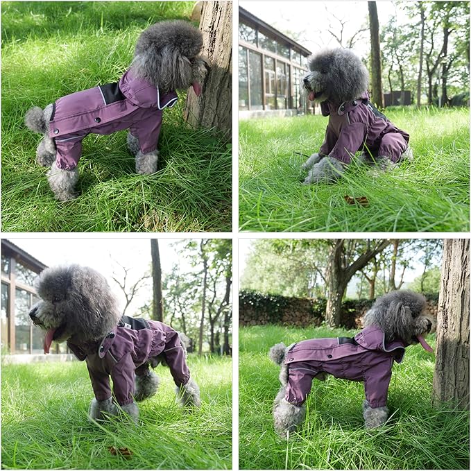 LOVELONGLONG Waterproof Dog Raincoat with Removable Hood – Outdoor Full Body Dog Jacket, Windproof Snowproof Shell Suit – All Season Pet Rain Gear Plum Purple XXL