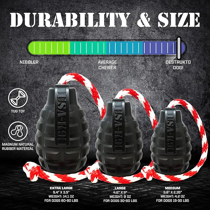 SodaPup USA-K9 Magnum Grenade – Dog Tug Toy, Chew Toy & Treat Dispenser Made in USA from Our Most Durable Non-Toxic, Pet-Safe, Food Safe, Natural Rubber for Strengthening Bond, Exercise, & More