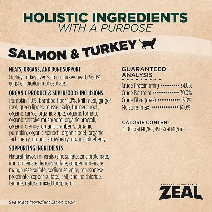 ZEAL Canada Air-Dried Salmon & Turkey Recipe for Cats - Superfood Omega-3 Rich, Dual-Protein, Grain Free, No Fillers, Complete Nutrition (Salmon & Turkey, 14.1 oz)