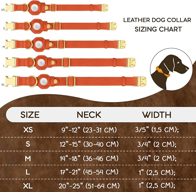Leather Airtag Dog Collar - Soft Tracking Dog Collar with Apple AirTag Holder and Metal Buckle - Safety GPS Pet Collars for Small Medium Large Dogs Puppy Pink Red (Orange, S, 12"-15" Neck Fit)